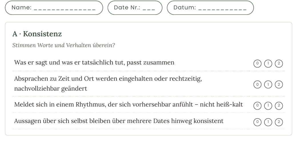 Ausschnitt aus dem Bewertungsbogen mit Fragen zur Konsistenz